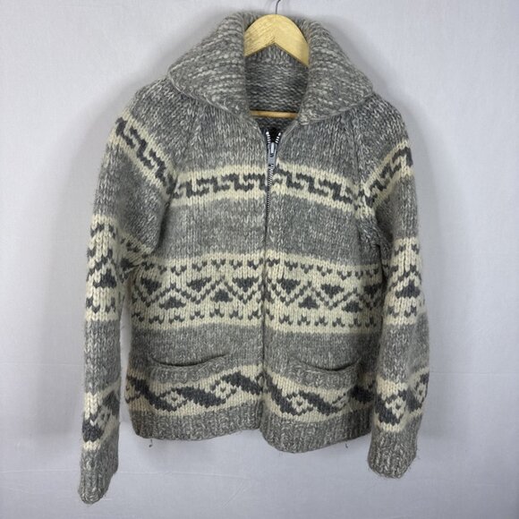 Vintage Cowichan Sweater Women M Hand Knit Wool Zip Cardigan Gray Cream Pattern - Picture 1 of 5
